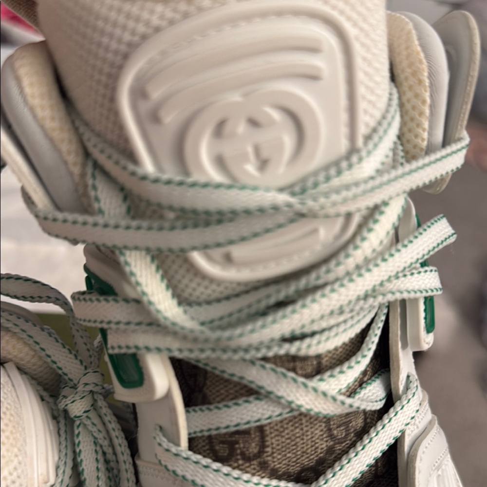 Gucci White and Green High-Top Sneakers with GG Canvas - Picture 5 of 9